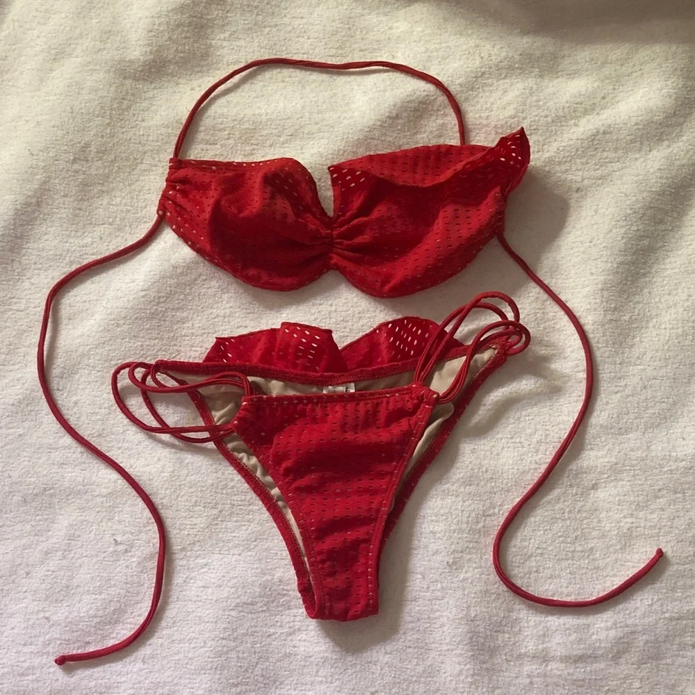Tyler Rose Perforated Red Ruffle Bikini Set - Picture 1 of 10